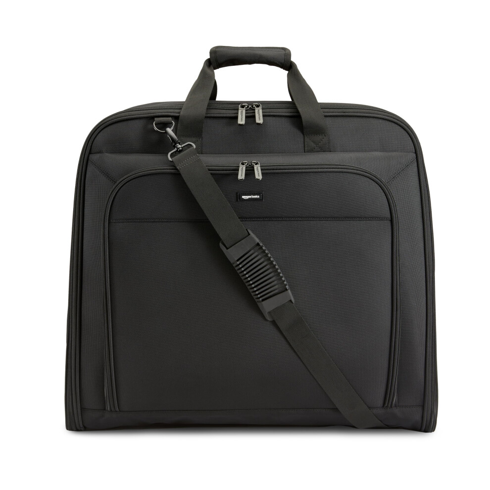 Amazon Basics Premium Travel Garment Bag with Shoulder Strap for Suits and Dresses Trifold 21.1 inch Black Solid