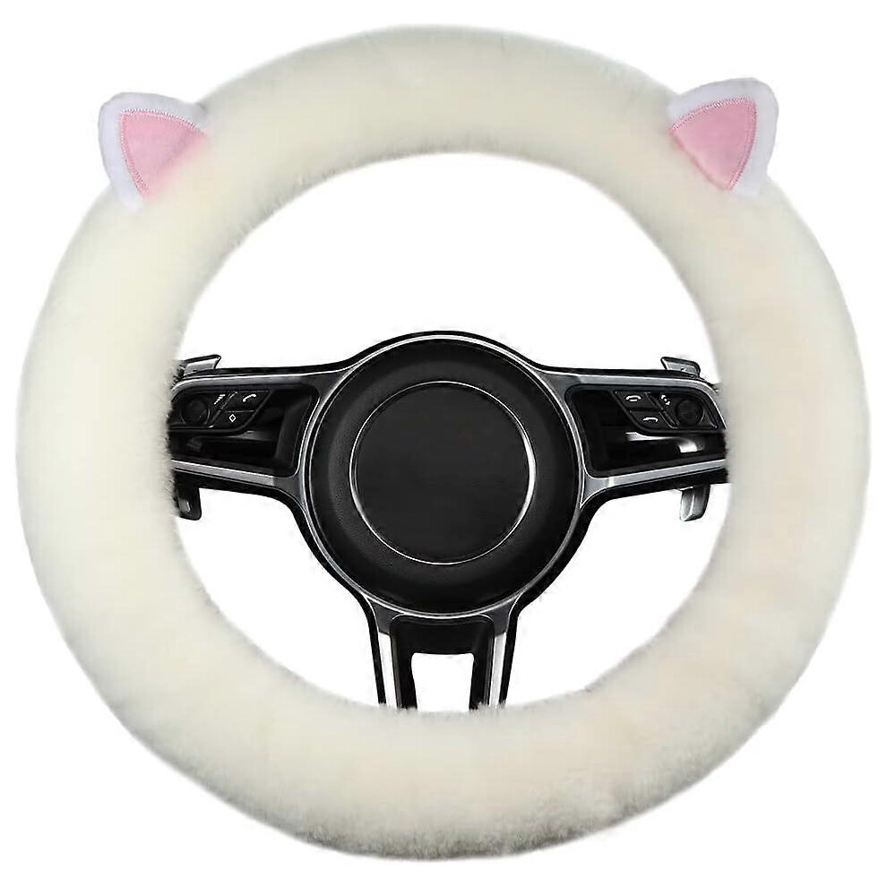 (As Show, One Size) Linjou Car Steering Wheel Cover, Cute Style Fluffy Real Wool Sheepskin Car Steering( Cat) Green 5093442666038