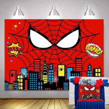 (As show, One size) Spider Superhero Party Backdrop Red Web Cartoon Cityscape Super Hero Photography Background Kids Boy Hero Theme Birthday Dessert Table Decoration Bann