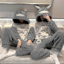(WOMEN-S, 21577) Winter Thicken Women Men Couple Pajamas Jumpsuits Cartoon Cat Kawaiisleepwear Onesie Lover Pyjamas Hoodie Coral Fleece