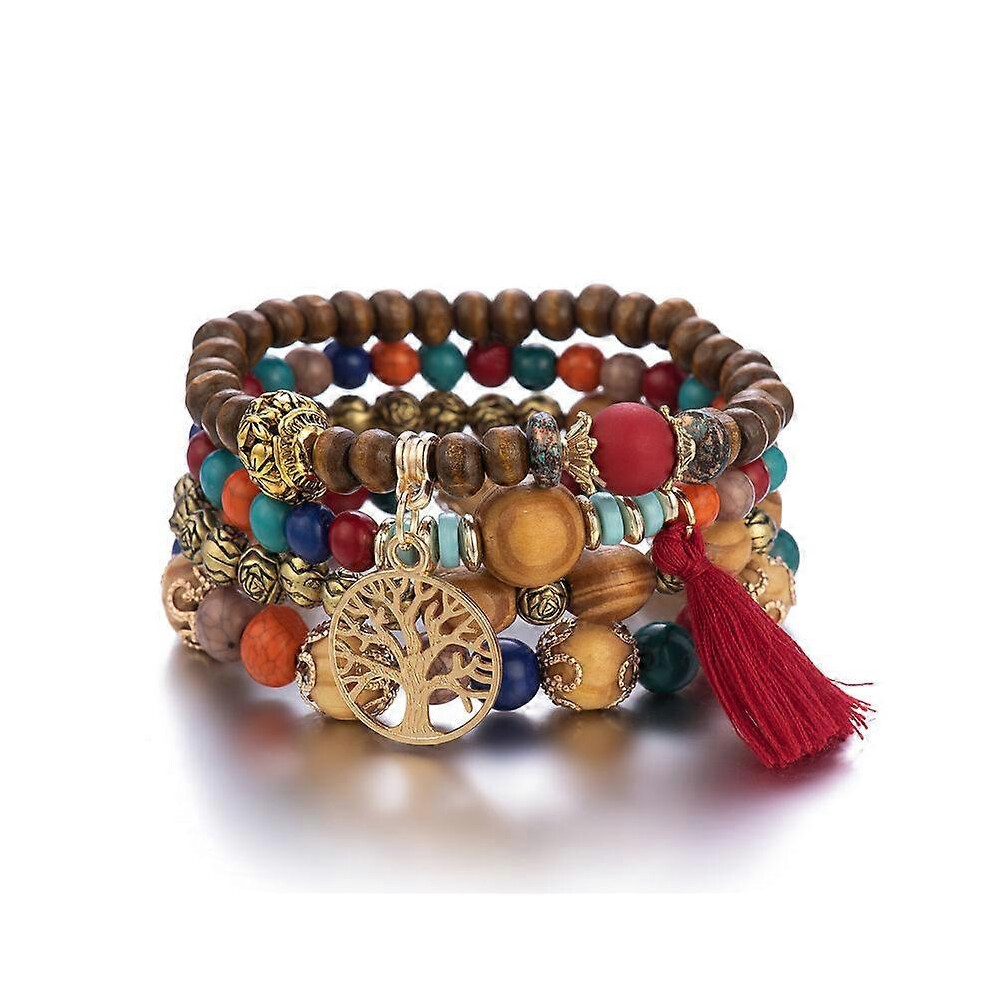 Konhill (As Show, One Size) Tree Of Life Leather Bracelets For Women Bohemian Stretch Wood Beaded Bracelets For Women Boho Tassel Bracelet Multilayer Stackabl
