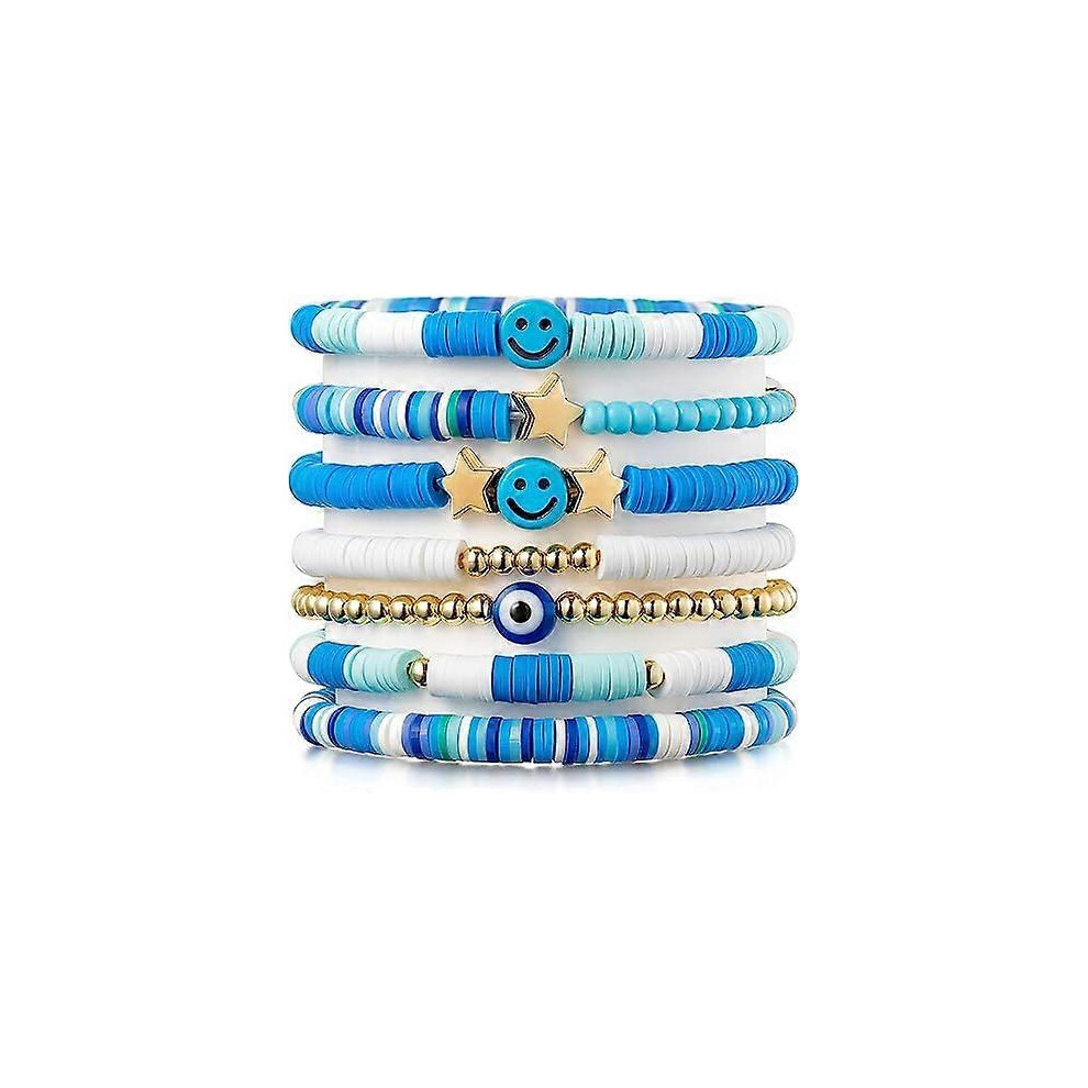Konhill (As Show, One Size) Preppy Heishi Bracelets Set Colorful White Gold Smile Heart Star Evil Eye Beaded Polymer Clay Pearl Stackable Charm Y2k Kidcore Su White,Gold