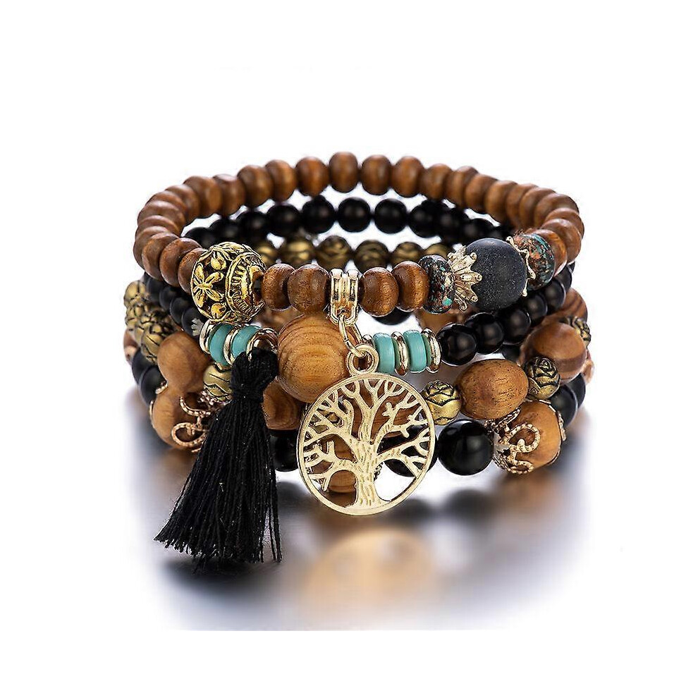 Konhill (As Show, One Size) Tree Of Life Leather Bracelets For Women Bohemian Stretch Wood Beaded Bracelets For Women Boho Tassel Bracelet Multilayer Stackabl
