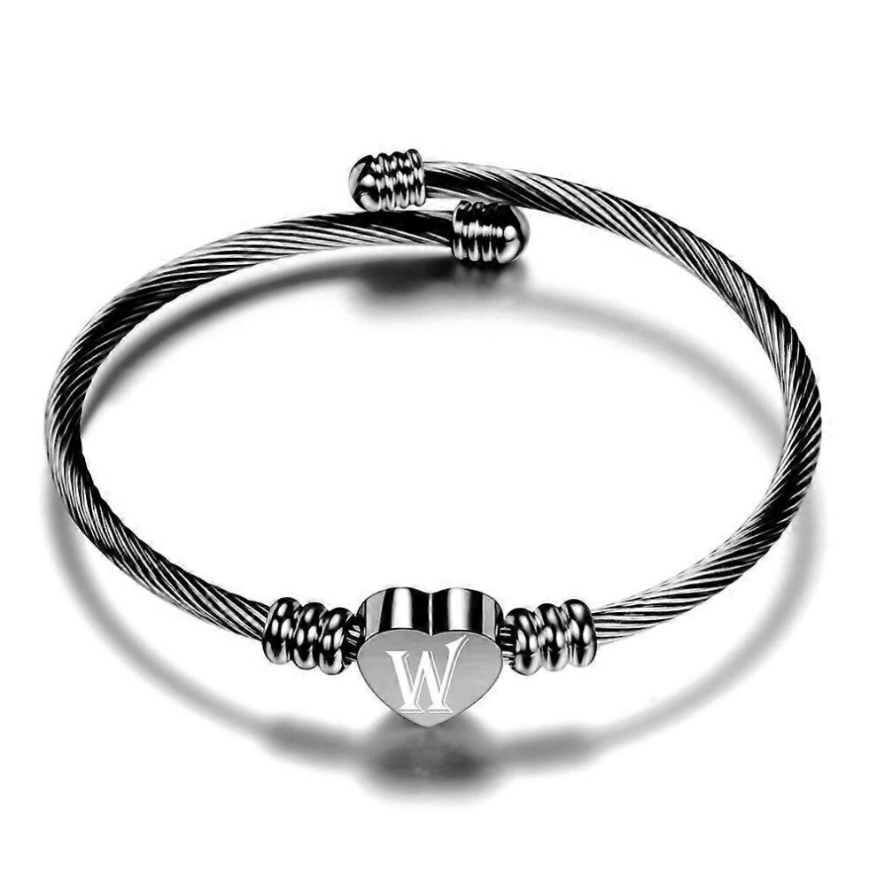 Konhill (As Show, One Size) Heart Initials Bracelet-A-Z Stainless Steel Engraved Charm Bracelet, Woman Girl Jewelry Birthday Festival Gift Black