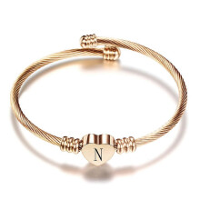 (As show, One size) Rose gold Heart Initials Bracelet-A-Z Stainless Steel Engraved Charm Bracelet, Woman Girl Jewelry Birthday Festival Gift