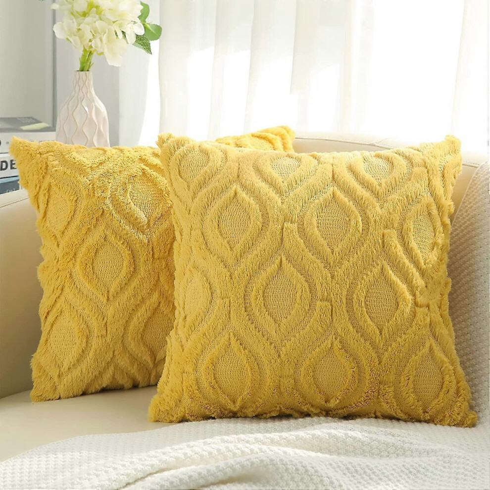 Konhill (As Show, One Size) Decorative Throw Pillow Covers 18X18, Soft Plush Faux Wool Couch Pillow Covers Set Of 2, Mustard Yellow