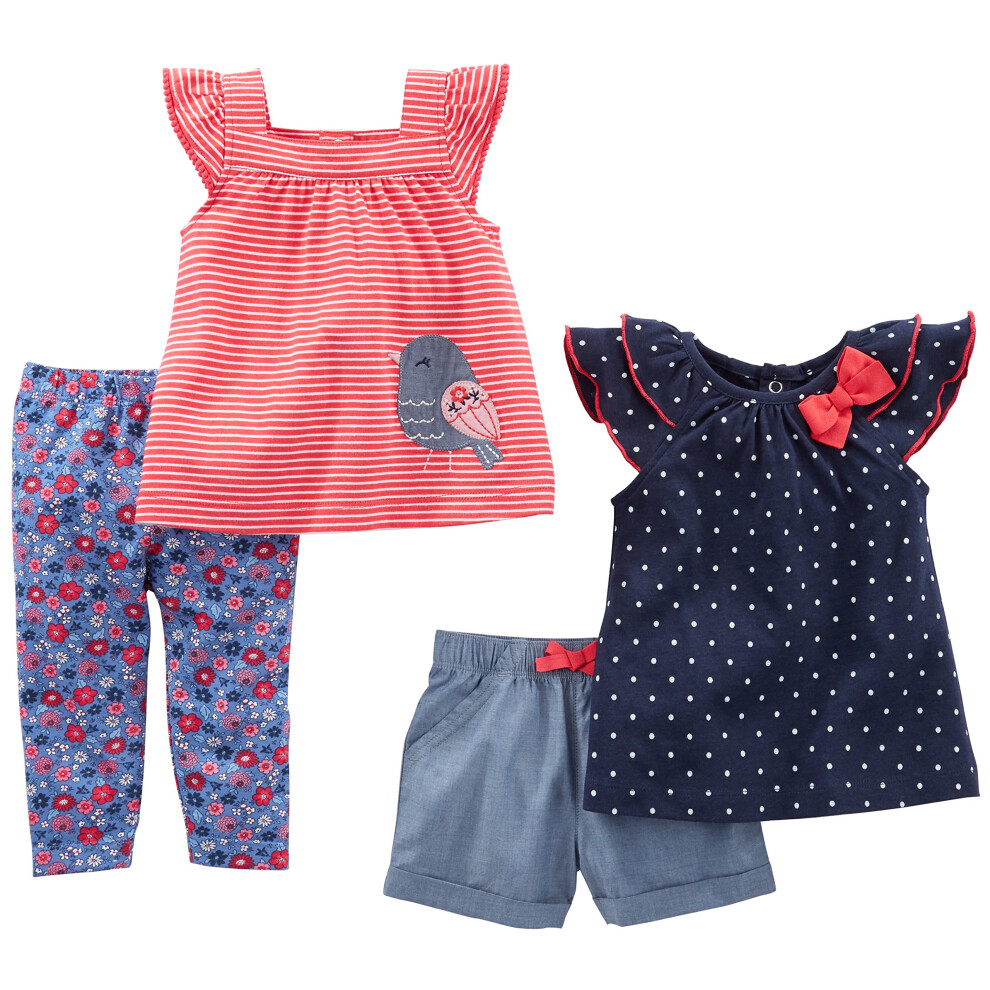 Ensemble De V Tements De Jeu 4 Pi Ces Pour B B Fille Simple Joys By Carter's, Bleu Marine/Rouge, Pois/Rayures/Oiseau, 0-3 Mois-image