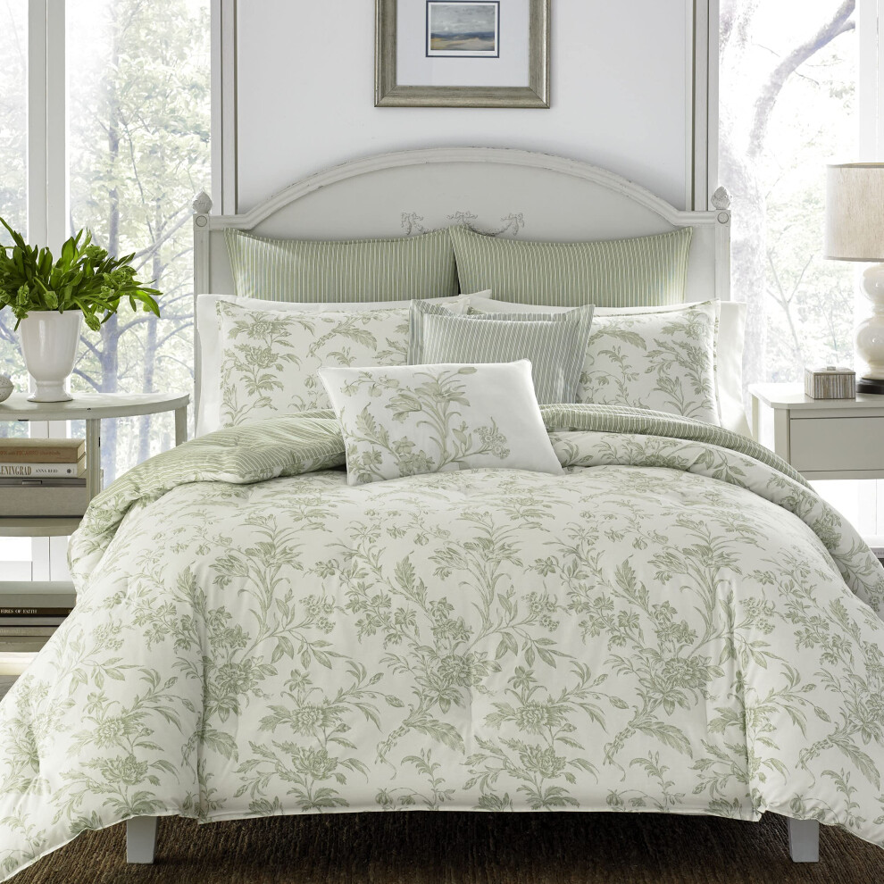 Laura Ashley - Queen Comforter Set  Reversible Cotton Bedding  Includes Matching Shams with Bonus Euro Shams & Throw Pillows (Natalie Sage/O
