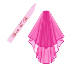 Kung Fu Party Hot Pink Double Ribbon Edge Center Cascade Bridal Wedding Veil med Comb & Bride for at v?re satin sash- Bachelorette Party Decorati