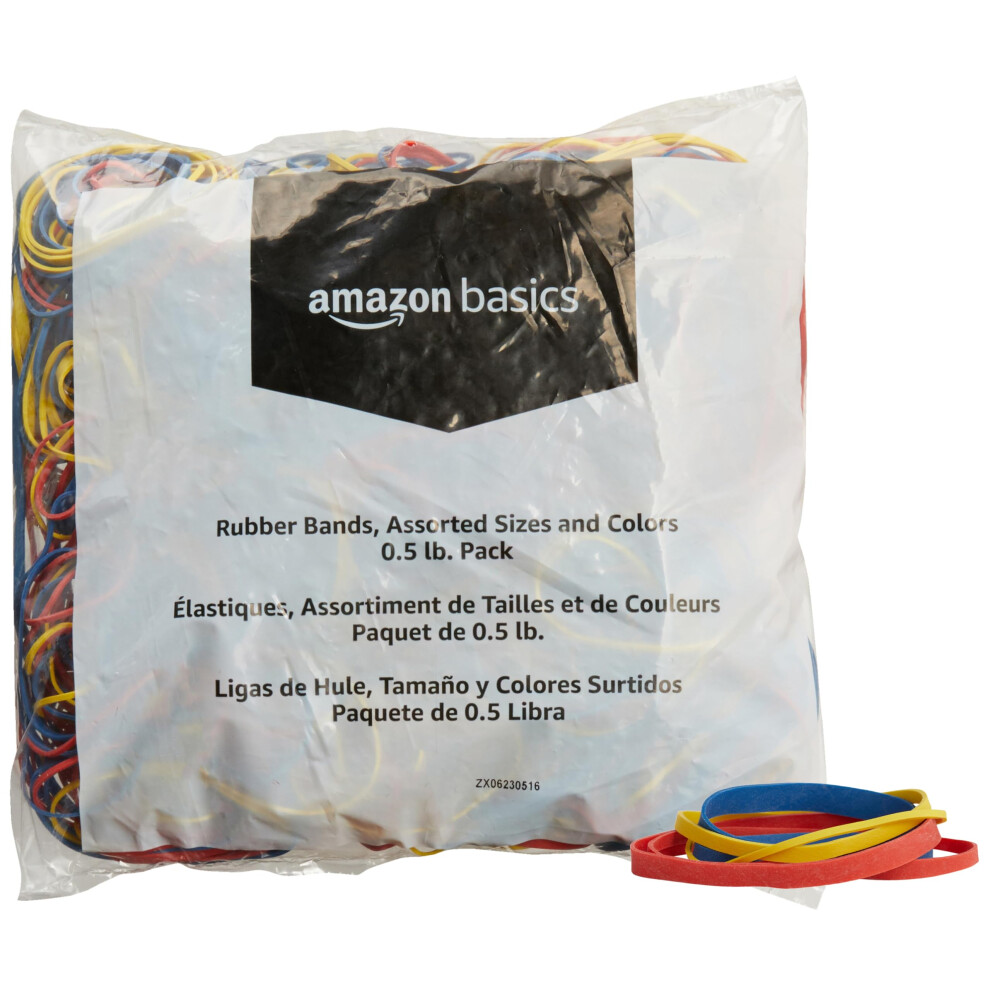 Amazon Basics Assorted Size and Color Rubber Bands  0.5 lb.