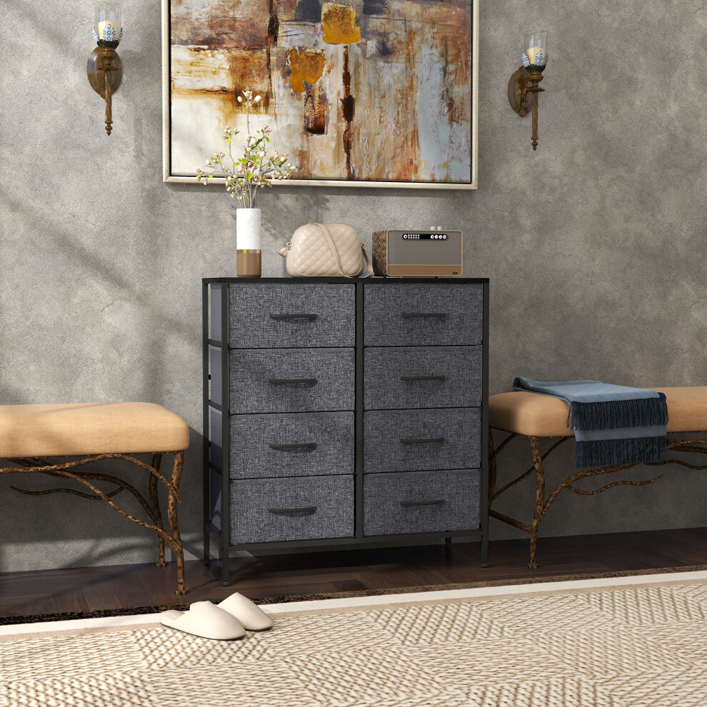 (Black) HOMCOM 8 Drawer Fabric Chest of Drawers w/ Wooden Top for Hallway