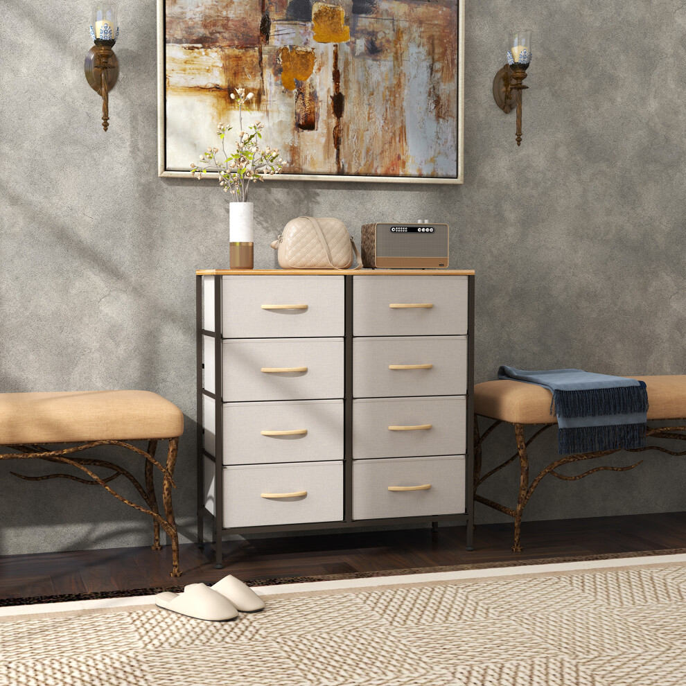 (Cream) HOMCOM 8 Drawer Fabric Chest of Drawers w/ Wooden Top for Hallway
