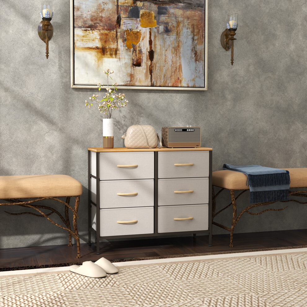 (Cream) HOMCOM 6 Drawer Fabric Chest of Drawers w/ Wooden Top for Hallway