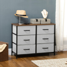 (Grey) HOMCOM 6 Drawer Fabric Chest of Drawers w/ Wooden Top for Hallway