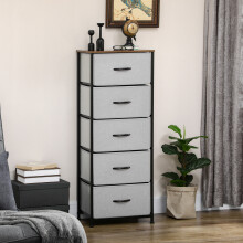 (Grey) HOMCOM 5 Drawer Fabric Chest of Drawers w/ Wooden Top for Hallway
