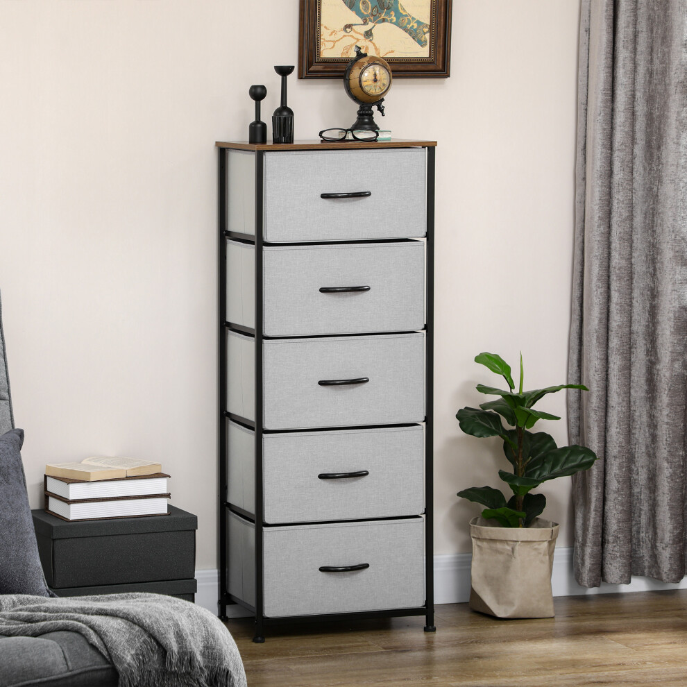 Homcom (Grey) 5 Drawer Fabric Chest Of Drawers W/ Wooden Top For Hallway Grey