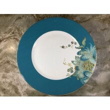222 Fifth Eliza Porcelain Dinnerware Collection: 11" Round Dinner Plates, Set of 4, White/Teal