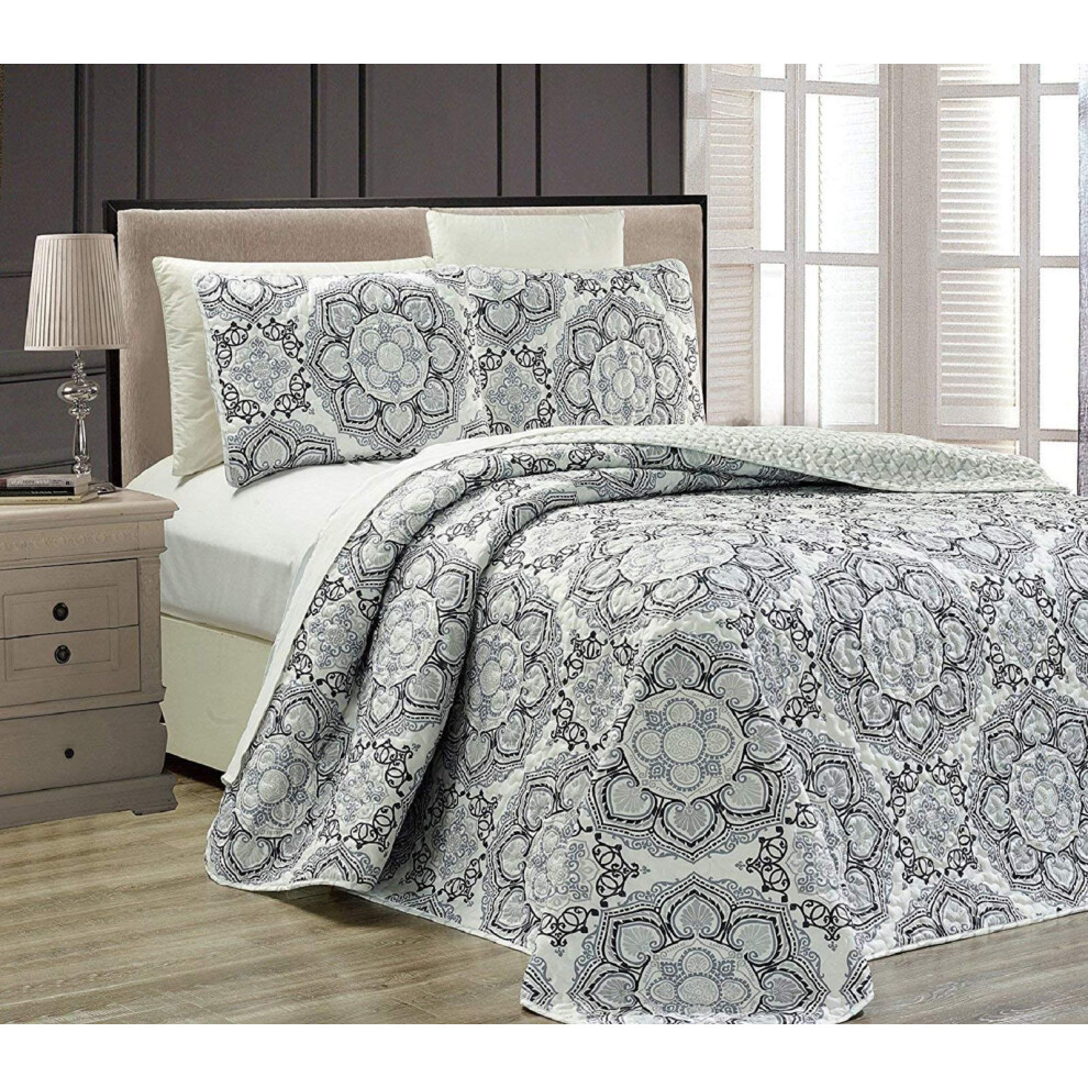 Ensemble de couvre-lit matelass    r   versible surdimensionn    3 pi   ces de la collection Mk, motif floral, gris, blanc, noir, neuf
