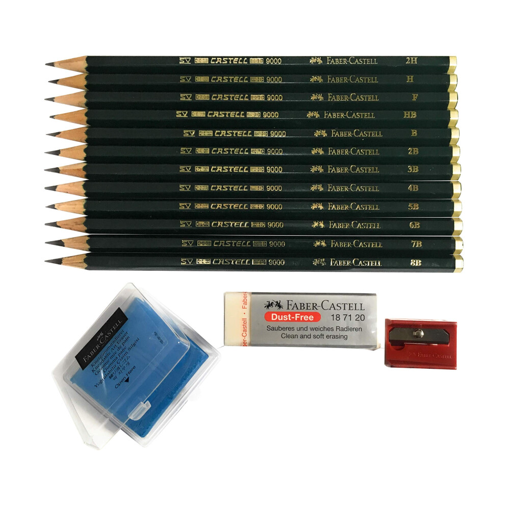 Faber-Castell 9000 Graphite Sketch Pencil Art Set (8B - 2H) with Kneaded Art Eraser Large Dust Free Eraser and Sharpener