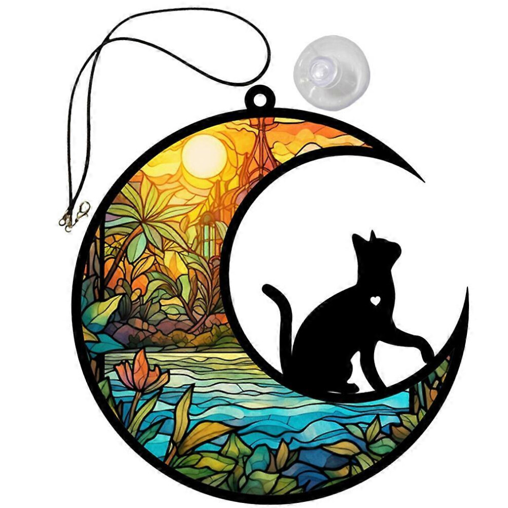 Kricely (As Show, One Size) Cat Moon Window Hanging Ornament Acrylic Pendant Window Home Garden Decoration