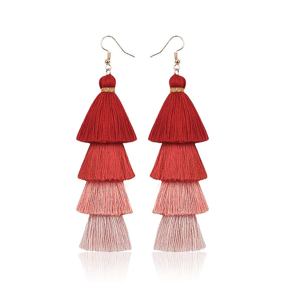 Konhill (As Show, One Size) Colorful Christmas Tree Tassel Earrings,Bohemian Dangle Drop Fashion Jewelry Earrings For Women Teen Girls (Red) Red