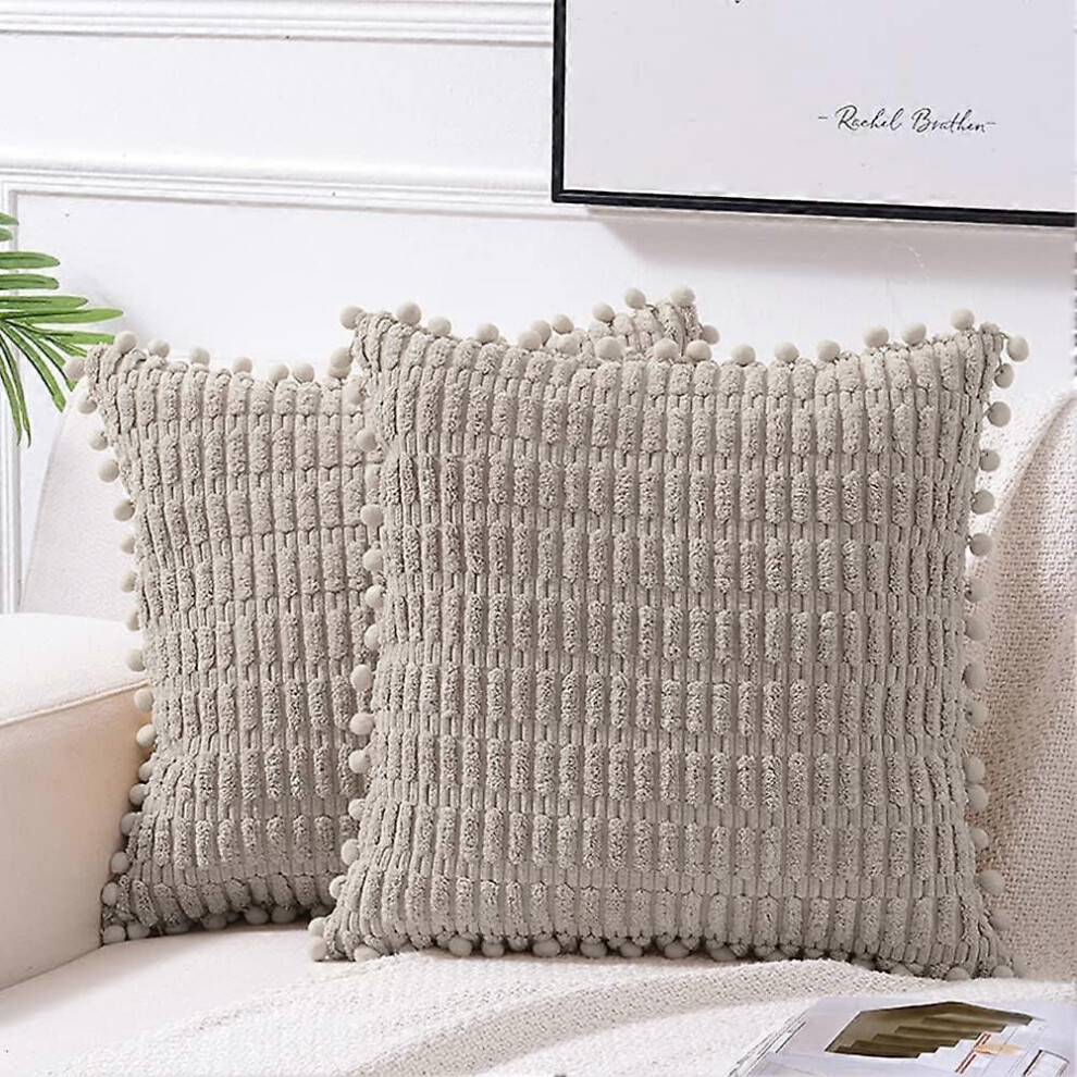 Konhill (As Show, One Size) 2 Packs Taupe Decorative Throw Pillow Covers 20X20 Inch With Pom-Poms For Living Room Couch Bed Sofa, Rustic Farmhouse Boho Home D