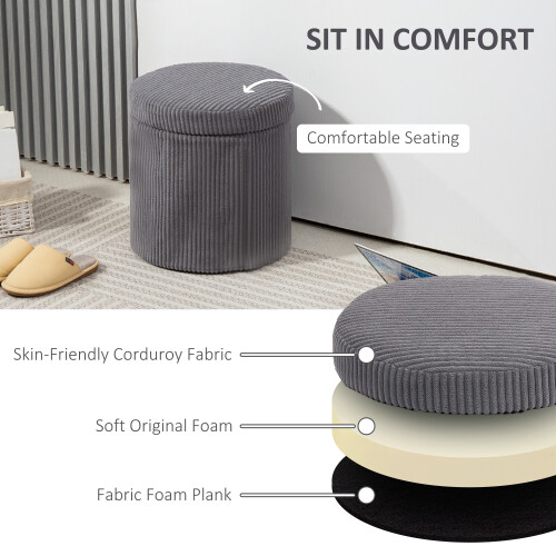 Homcom (Grey) HOMCOM Round Storage Ottoman with Lid, Vanity Stool with Storage 2