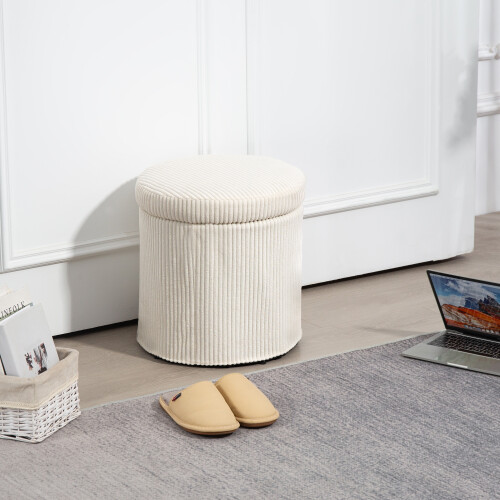 Homcom (Cream) HOMCOM Round Storage Ottoman with Lid, Vanity Stool with Storage