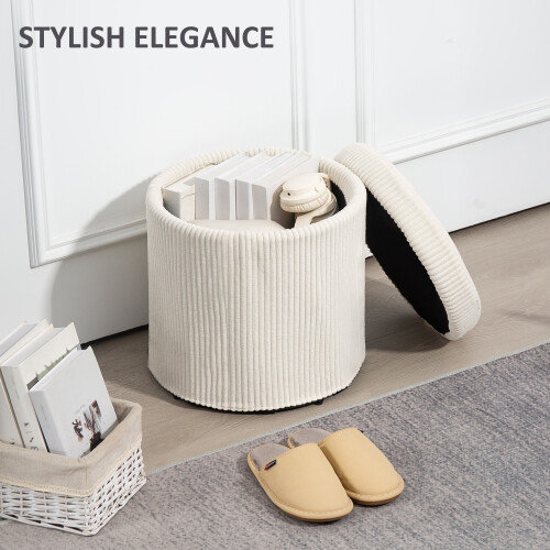 Homcom (Cream) HOMCOM Round Storage Ottoman with Lid, Vanity Stool with Storage 2