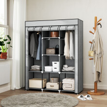 HOMCOM Fabric Portable Wardrobe with 8 Shelves and 2 Hanging Rails, Light Grey - 850-211V00LG
