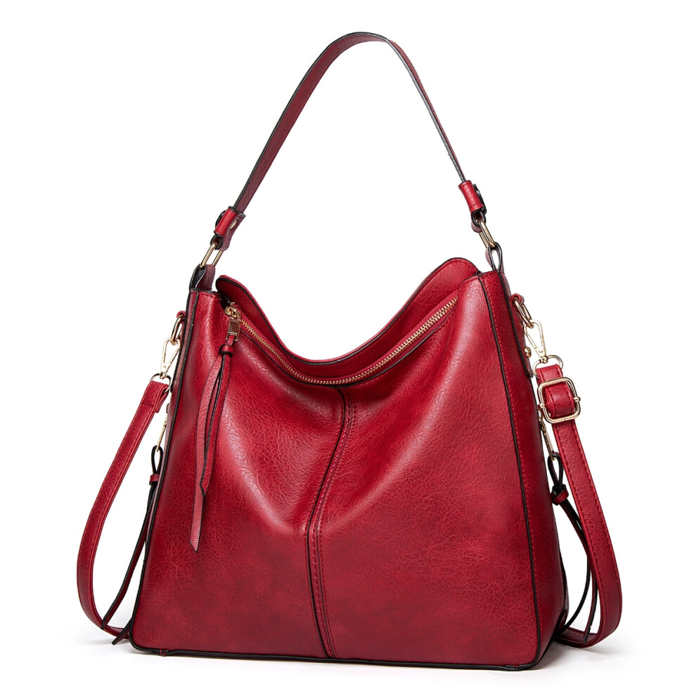 (red) Women's PU Leather Tote Large-Capacity Handbag & Shoulder Bag