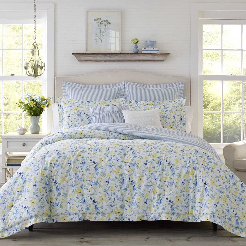 Parure de lit r   versible et douce Laura Ashley, avec taies d'oreiller et coussins assortis en prime, Queen, Nora bleu/jaune/vert/blanc