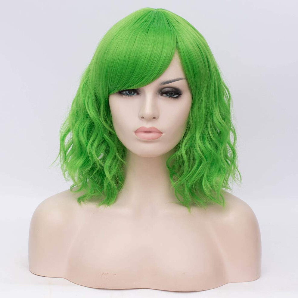 Bumode Unisex Green Bufashion 14"" Women Short Wavy Curly Wig Bob Wig Cosplay Halloween Synthetic Wigs With Side Bang Wig(Green)