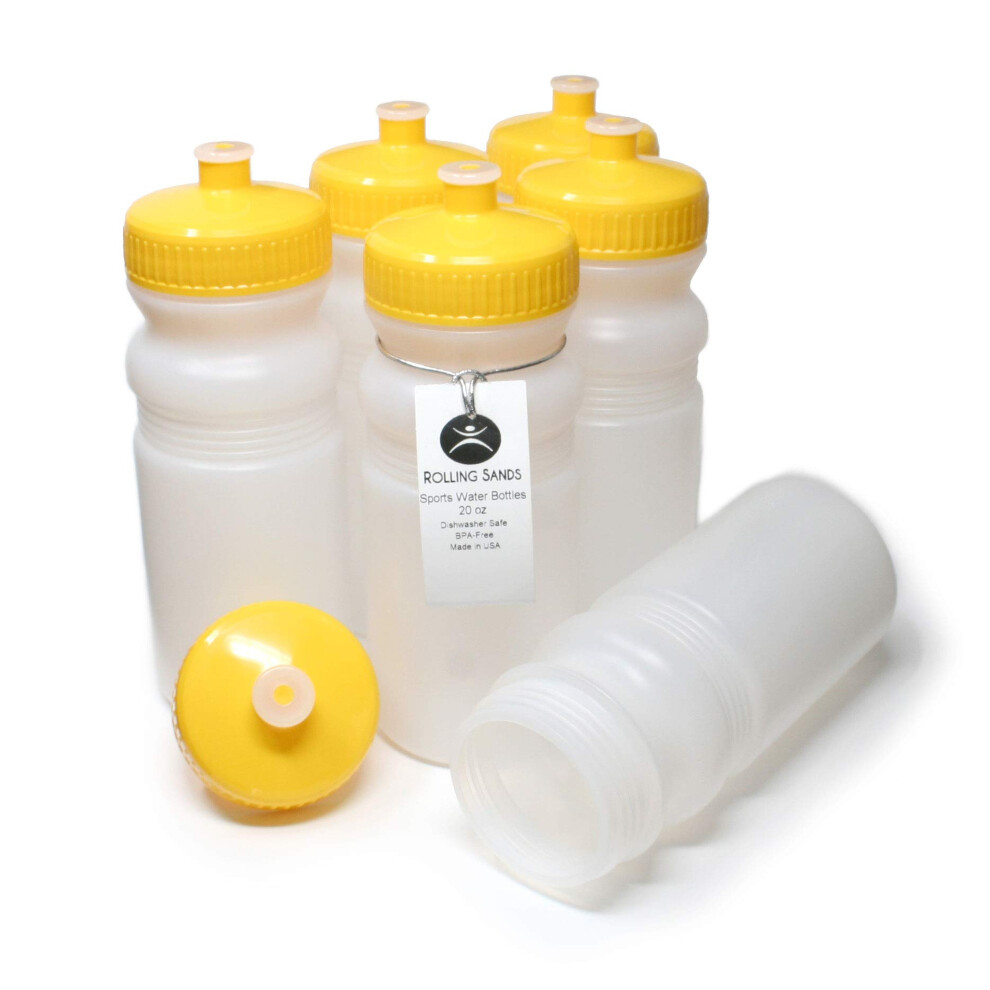 Rolling Sands 20 Ounce Sportwaterflessen 6-Pack, Bpa-Vrij, Gemaakt In De Vs, Vaatwasserbestendig, Clear Frost-Flessen/Gele Deksels-image