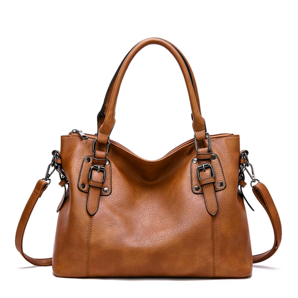 (brown) Vintage Leather Tote Spacious Elegant Shoulder Handbag
