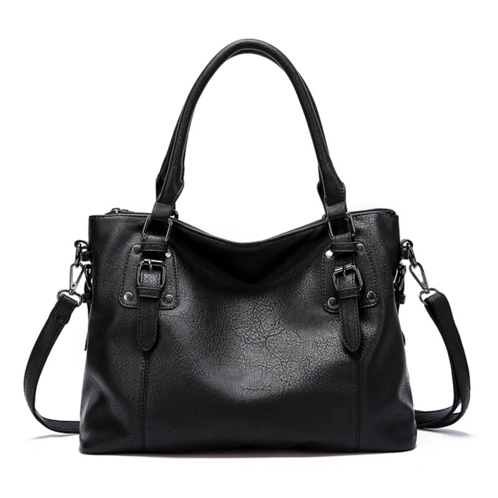 (black) Vintage Leather Tote Spacious Elegant Shoulder Handbag