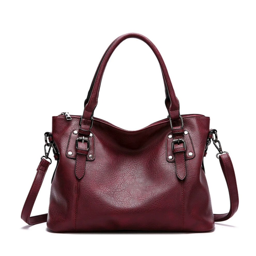 (wine red) Vintage Leather Tote Spacious Elegant Shoulder Handbag