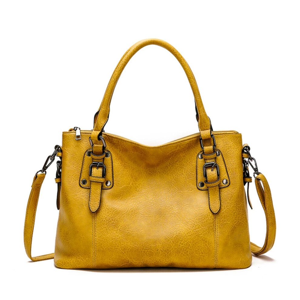 (yellow) Vintage Leather Tote Spacious Elegant Shoulder Handbag