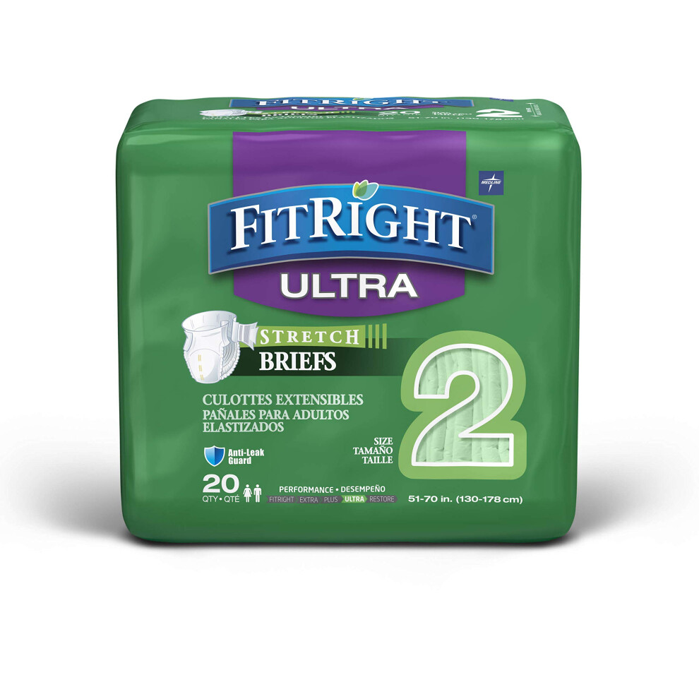 Medline Fitright Stretch Ultra Adult Briefs Incontinence Diapers With Tabs Heavy Absorbency Large/Xl/2Xl 51 To 70 20 Count
