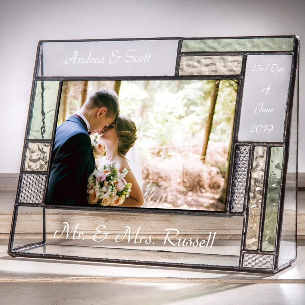 Cadre photo de mariage, cadeau personnalis    pour couple, plateau de table en verre vert jaune grav   , souvenir de fian   ailles, photo J Devlin Pic