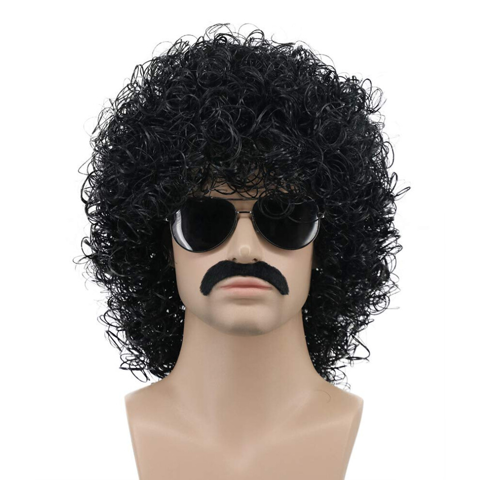 Karlery Unisex Black Mens Short Curly Rocker Mustache Beard Afro Wig Californ