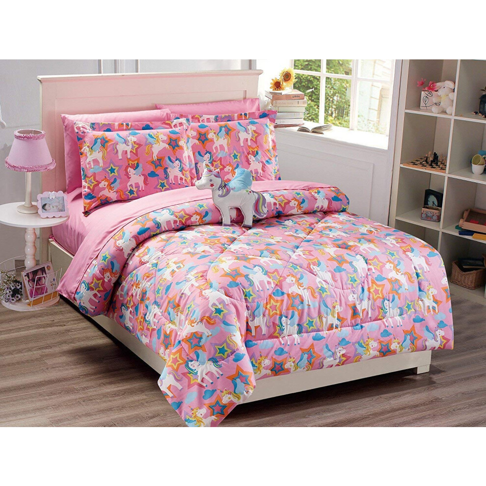 Parure de lit en lin et coton pour filles Licorne Rose Bleu Violet Orange Jaune Neuf (Queen)