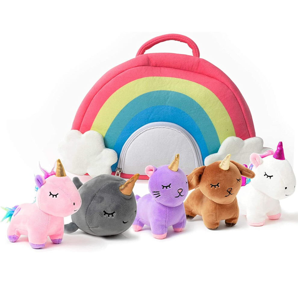Pixiecrush Lot De 5 Peluches Licornes - Comprend Un Chaton, Un Chiot, Un Narval Et Un Lapin Dans Un Sac Dos Arc-En-Ciel - Peluches Douces Et Co-image