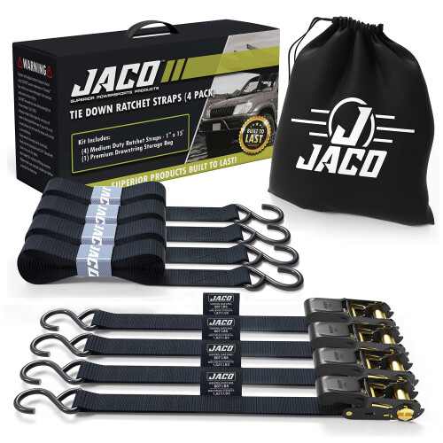 JACO Ιμάντες Ρύθμισης - 1 ίντσα x 15 πόδια (Συσκευασία 4) | 1,823 lbs (Μαύρο)