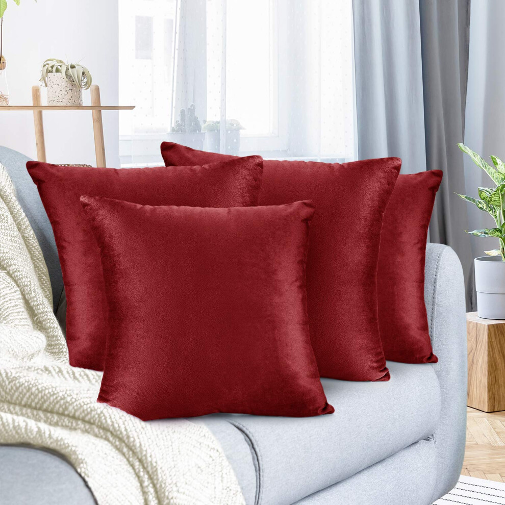 Housses de coussin Nestl en velours douillet et d   coratif, 55 x 55 cm, pour canap   -lit et voiture, lot de 4 - Rouge cerise