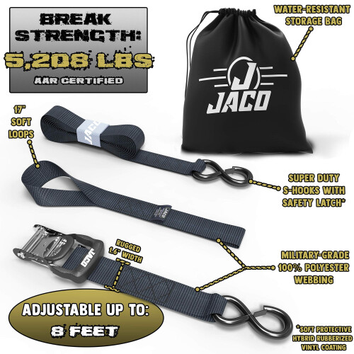 JACO Cintas de Ratchet Resistentes - 1.6 polegadas x 8 pés (Pacote com 4) | Kit de Fixação com Laços Macios - 5,208 lbs (Preto) 1