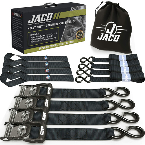 JACO Cintas de Ratchet Resistentes - 1.6 polegadas x 8 pés (Pacote com 4) | Kit de Fixação com Laços Macios - 5,208 lbs (Preto)