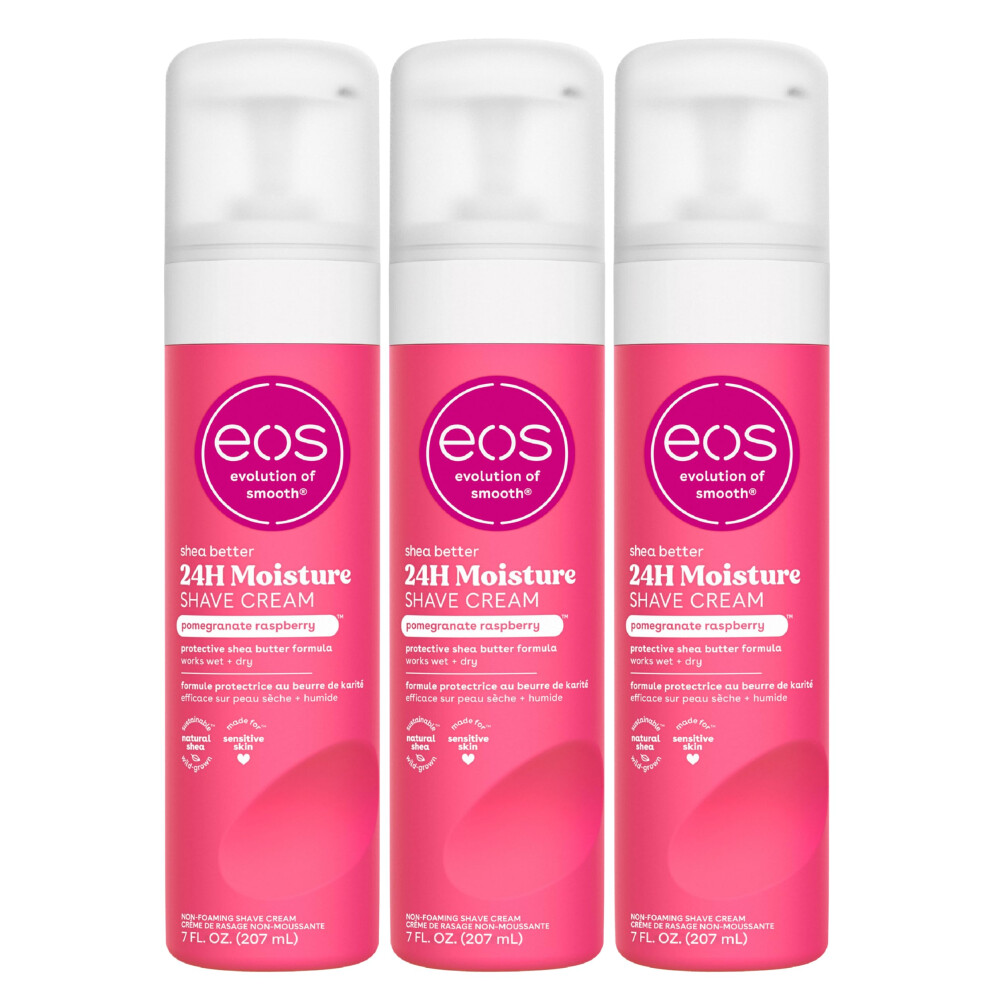 Eos Cream Shea Better Shaving For Women- Pomegranate Raspberry 24-Hour Hydration Skin Care & Lotion With Shea Butter 7 Fl Oz 3-Pack