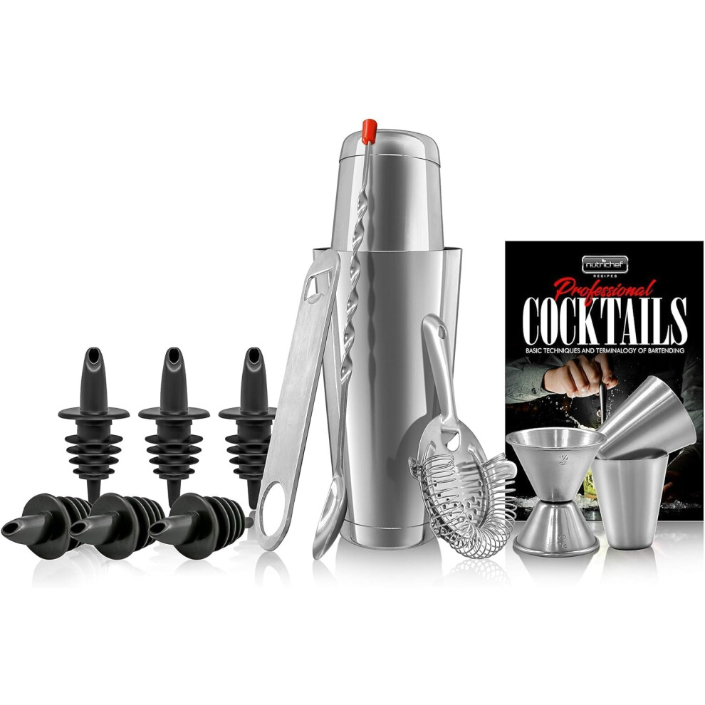 Nutrichef Mixology Bartender Cocktail Shaker Set Includes 15 30 Oz Stainless Steel Shakers 6 Bottle Pourers More Essent