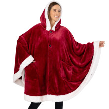 PAVILIA Wearable Blanket for Adult Women Cozy Plush Fleece Blanket Poncho Cape with Hood Super Soft Shawl Angel Wrap Throw for Office Wine Red